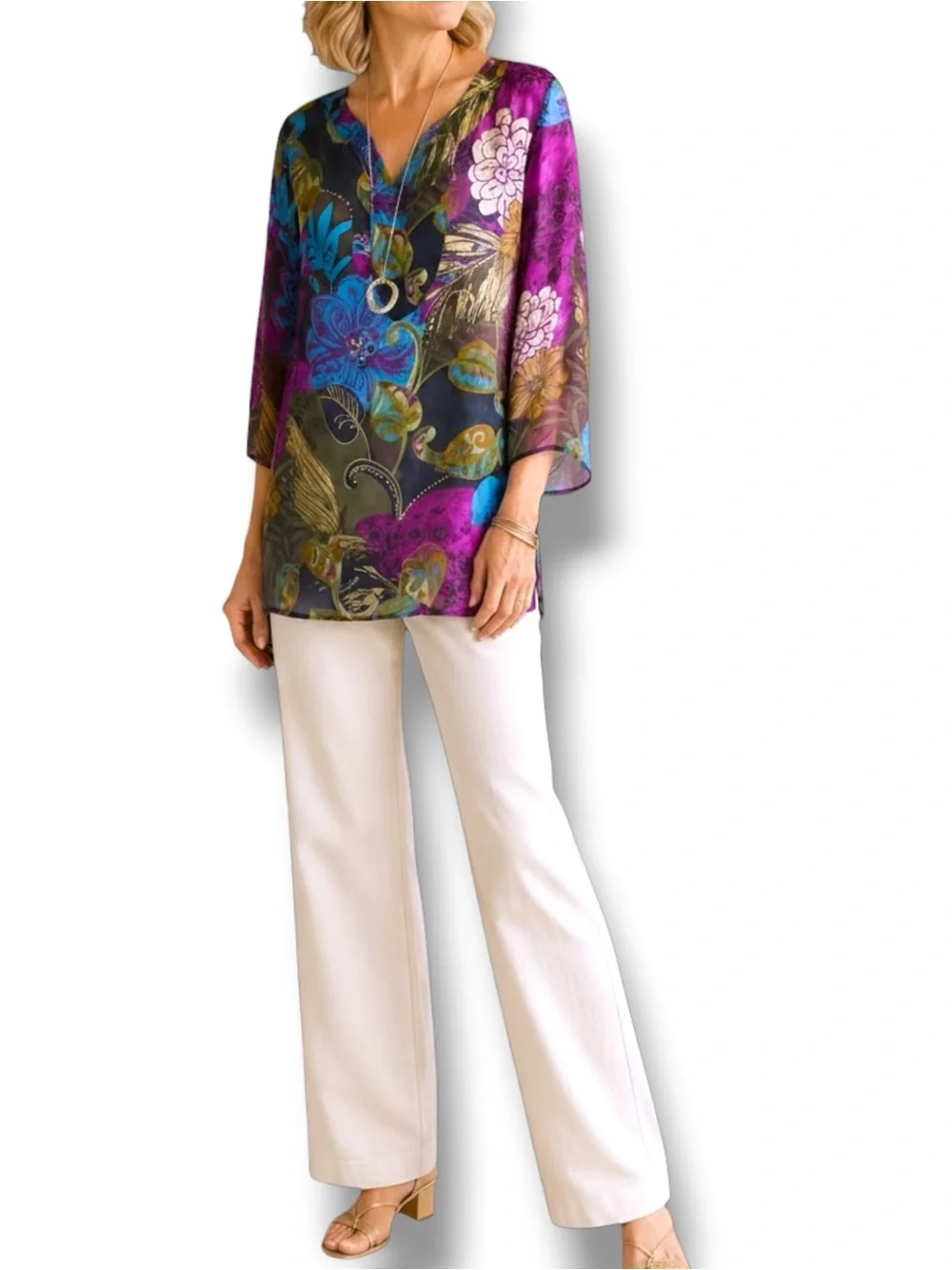 Chico’s 100% Silk Abstract Floral Tunic Top Semi Sheer Jewel Tone US 4 - Picture 3 of 15